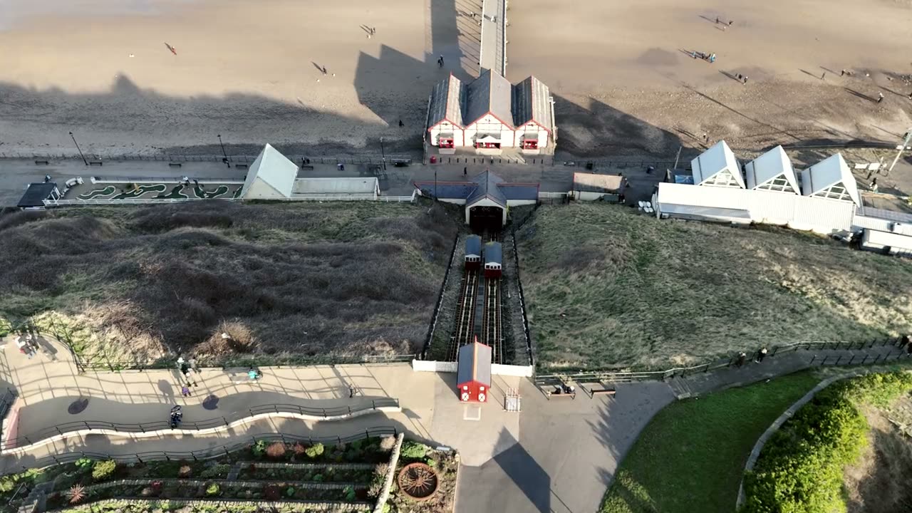 Aerial view of Saltburn pier and cliff lift