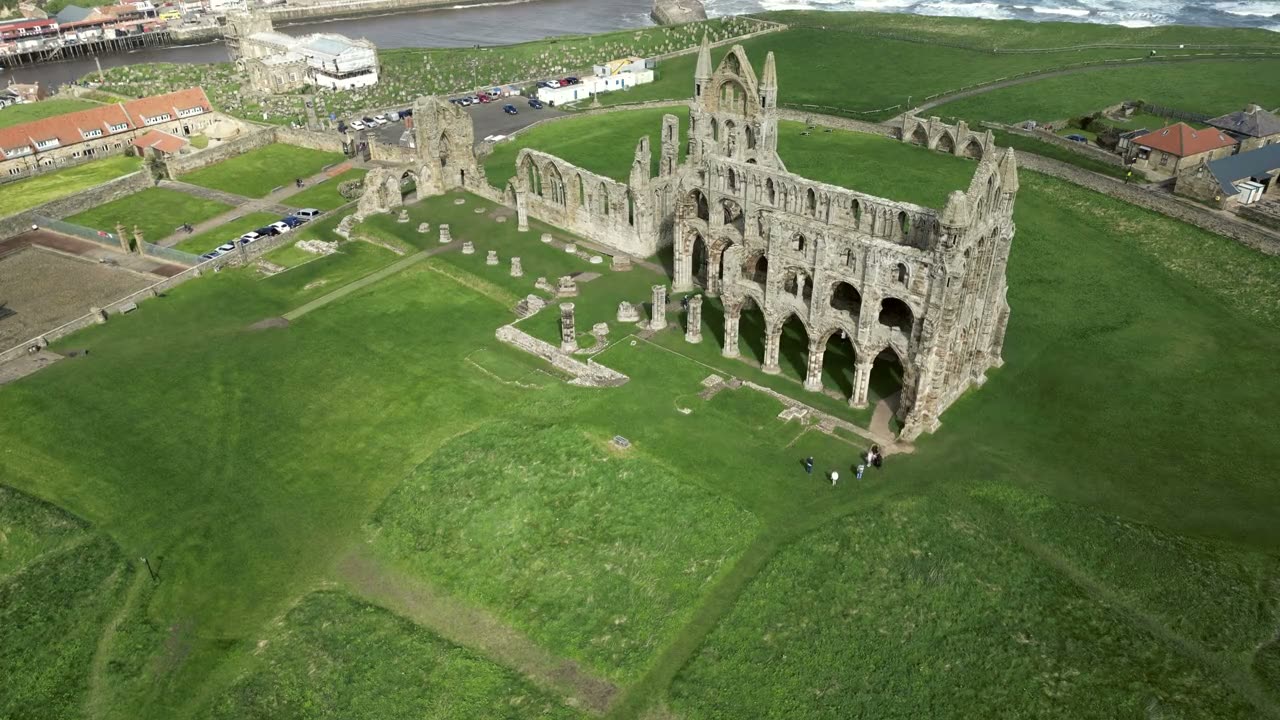 Aerial view of Whitby Abbey on the cliff top